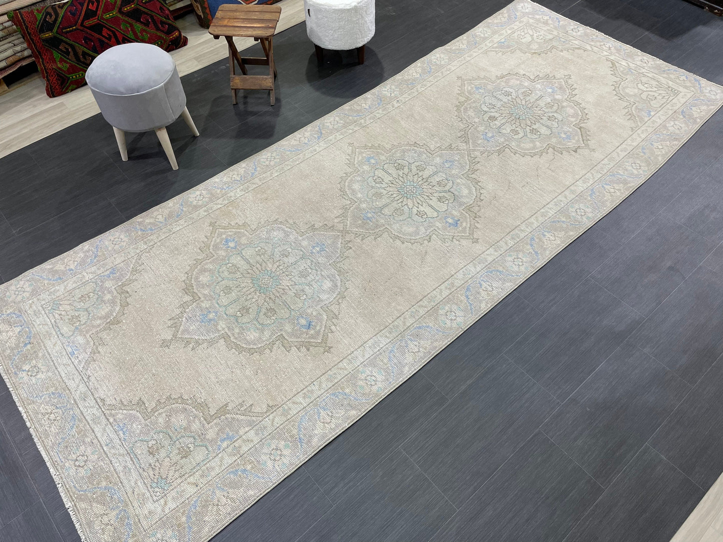 Muted Vintage Runner Rug Turkish Oushak 4.2 x 10.7 Runner Rug Handmade Runner Rug Hallway Runner Rug Kitchen Runner Rug Wool Runner Rug