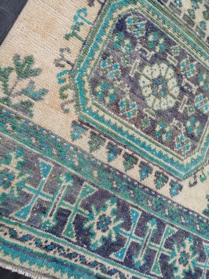 Green Blue Beige Oushak Runner Rug 11.8 x 2.8 Turkish Runner Rug Vintage Runner Rug 3x12 Hallway Runner Rug Kitchen Runner Rug Wool Runner