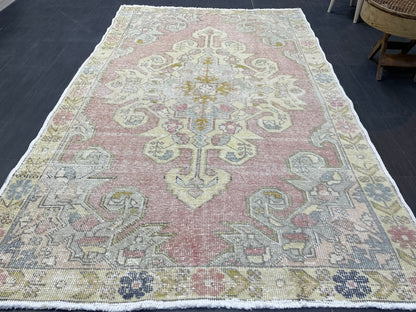 Vintage Rug, Persian Rug, Muted Handmade 4.7 x 7.4 Rug, Natural Wool Oushak Rug Hand Knotted, Vintage Turkish Rug