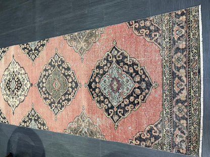 Vintage Turkish Runner Rug, Oushak Runner Rug, Handmade 2.9 x 11.6 Runner Rug, Hand Knotted Runner Rug, Hallway Runner, Kitchen Runner