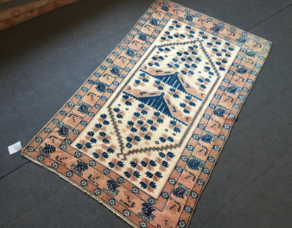 3.6x6 feet wool natural muted turkish kitchen rug, living room floor bohemian rugs, vintage brown large rug, bedroom area rug, wide blue rug