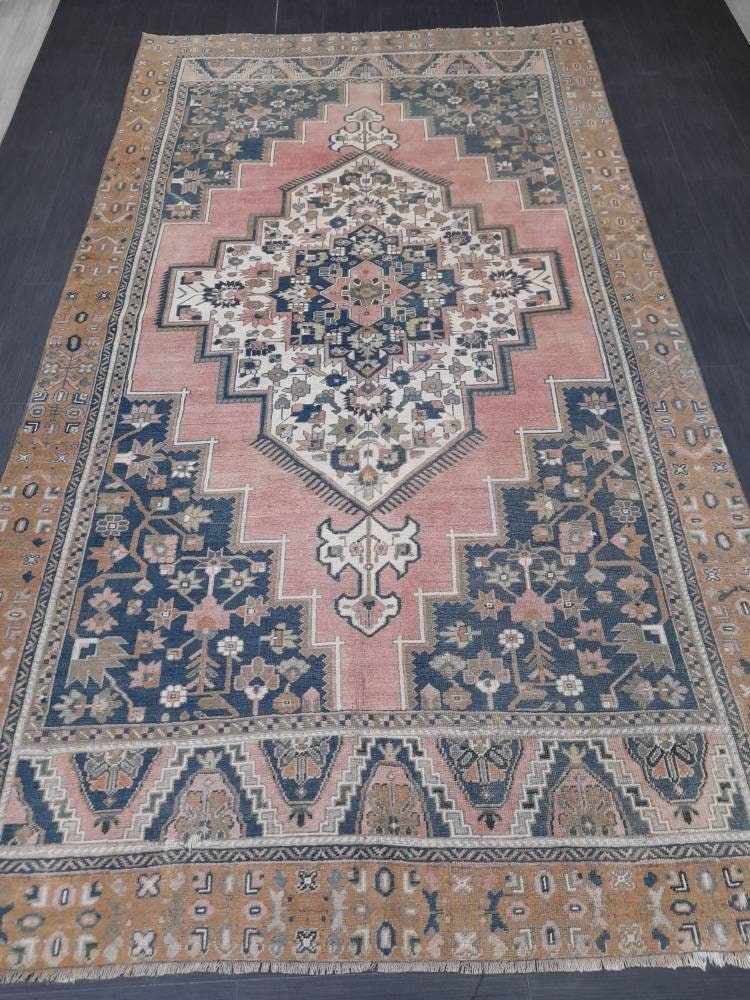 Blue and Pink OUSHAK RUG 6 x 11 TURKISH Rug Vintage Oriental Rug Vintage Persian Rug Wool Oushak Rug Hand Made Rug Vintage Turkish Rug