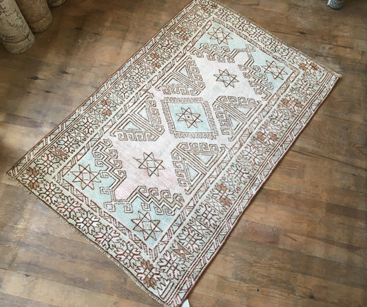 3x5 feet handmade antique persian motif rug, wool medium blue muted turkish living room rug, bohemian style kitchen floor rug, vintage rug