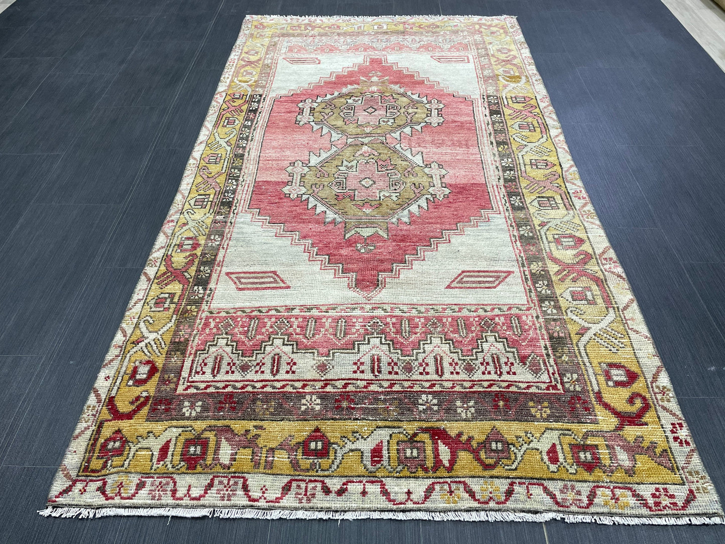 Vintage TURKISH Rug 3.7 x 6.7 Muted Rug Vintage Oushak Wool On Wool Rug Vintage Runner Rug Wool Rug Hand Made Rugs Vintage Turkish Rug