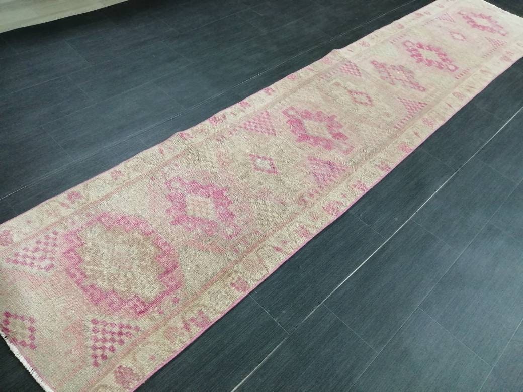 Oriental Runner Rug Muted Turkish Runner Rug 2.2 x 10.4 Pink Vintage Runner Rug Hallway Runner Rug Muted Persian Runner Rug Wool Runner Rug