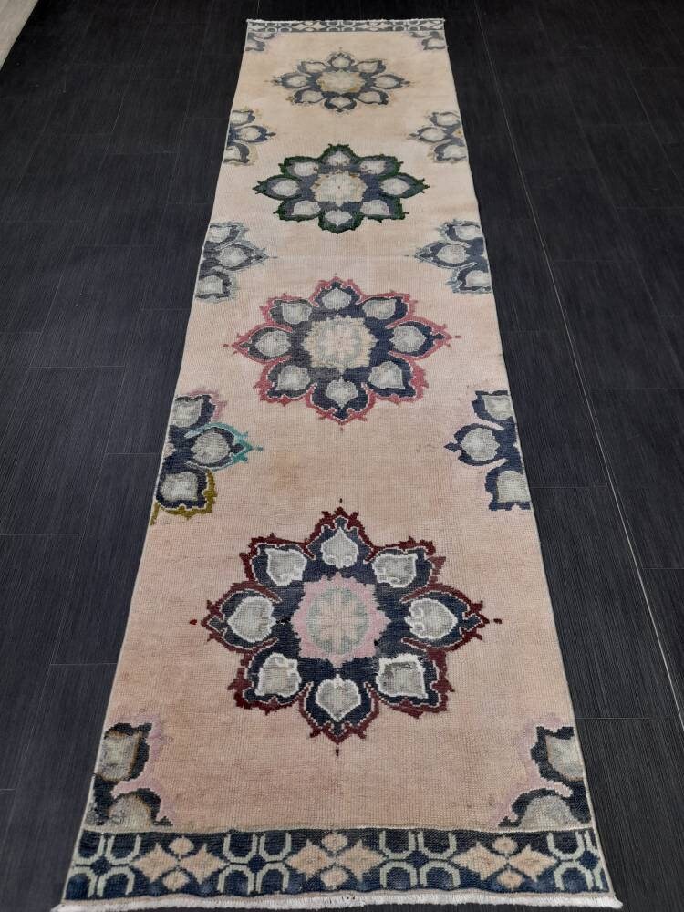 Muted Vintage Runner Rug 2.7 x 10.4 Muted Turkish Runner Rug Hand Made Runner Rug Vintage Runner Rug Hallway Runner Rug Distressed Runner