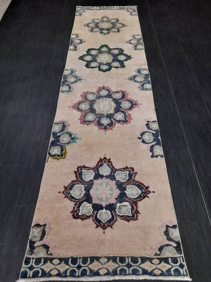 Muted Vintage Runner Rug 2.7 x 10.4 Muted Turkish Runner Rug Hand Made Runner Rug Vintage Runner Rug Hallway Runner Rug Distressed Runner