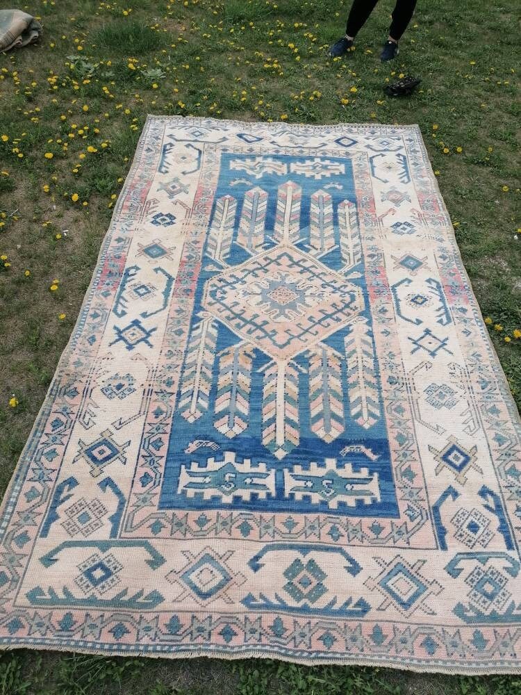 Blue vintage rug, vintage rug, turkish oushak rug 5'5x9'5 hand made wool rug, boho floor rug