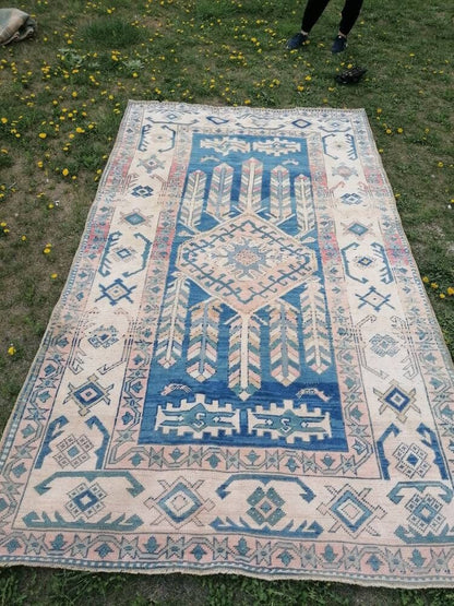 Blue vintage rug, vintage rug, turkish oushak rug 5'5x9'5 hand made wool rug, boho floor rug