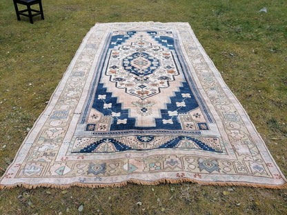 Turkish oushak rug, blue vintage rug 5'2x10 vintage oushak rug, unique hand made rug kitchen rug bohemian rug
