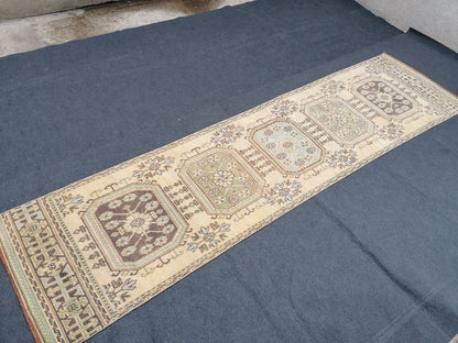 3x11 mute soft oushak turkish runner rug, vintage turkish runner rug, pastel handmade kitchen runner rug, bathroom rug, entryway runner rug