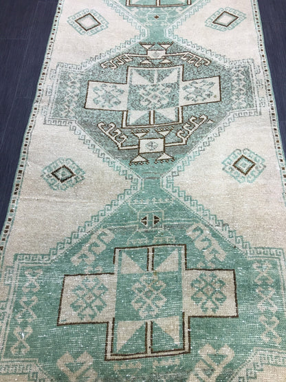 Vintage Hand Made Runner 2.7 x 11.6 Muted Runner Rug Turkish Runner Rug Muted Persian Runner Rug Vintage Rug Oriental Runner Rug Green