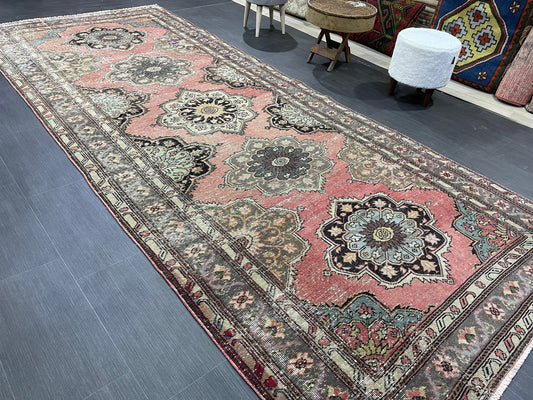 Vintage Runner Rug, Turkish 4.8 x 11.8 Runner Rug, Varigated Red Vintage Runner Rug Hallway Runner Rug Kitchen Runner Rug Wool Runner