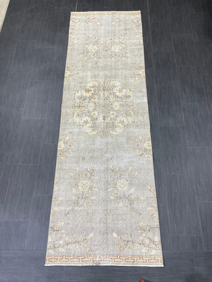 3 x 9.6 Muted Oushak Runner Rug Turkish Runner Rug Vintage Runner Rug Hallway Runner Rug Kitchen Runner Rug Wool Runner Grey Silver