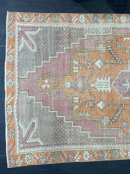 Handmade Rug, Persian 4.5 x 8.5  Rug, Navy Hand Knotted Rug, Vintage Rug, Yellow and Orange Turkish Rug, Oushak Rug, Oriental Rug, Wool Rug