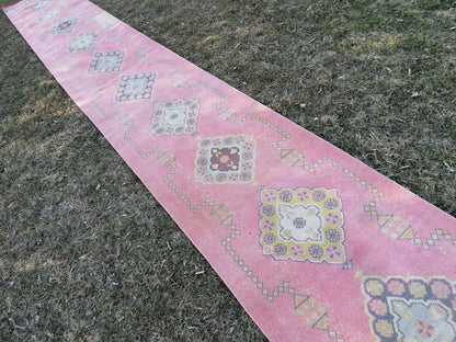 Vintage runner rug 2.10 x 22.10 pink runner rug, oushak wool handmade runner