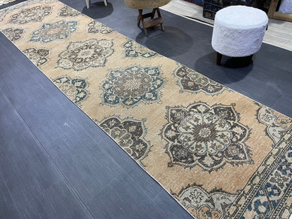 Muted  Handmade Runner Rug, Turkish Runner 2.10 x 13 Rug, Vintage Runner Rug Hallway Runner Rug, Hand Knotted Runner Rug, Persian Runner
