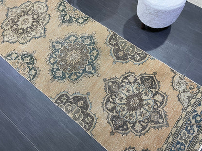 Muted  Handmade Runner Rug, Turkish Runner 2.10 x 13 Rug, Vintage Runner Rug Hallway Runner Rug, Hand Knotted Runner Rug, Persian Runner