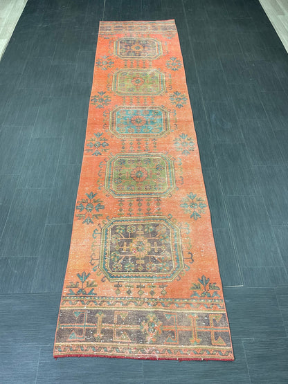 Vintage Runner Rug 2.8 x 11 Turkish Runner Rug Varigated Red Vintage Runner Rug Hallway Runner Rug Kitchen Runner Rug Wool Runner