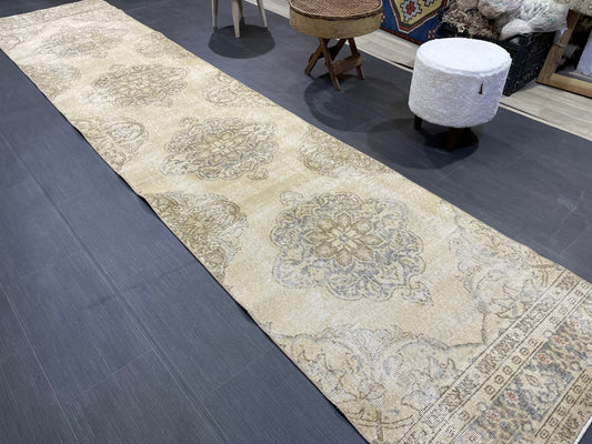 Muted Distressed Runner Rug, Vintage 2.10 x 12.9 Runner Rug, TURKISH Muted Runner Rug, Oushak Runner Rug, Fine Runner Rug,Antique Runner Rug