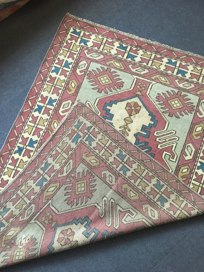 4x6 feet claret red muted vintage kitchen area rug, handmade blue turkish living room carpet, wool bedroom floor wide rug, bathroom area rug