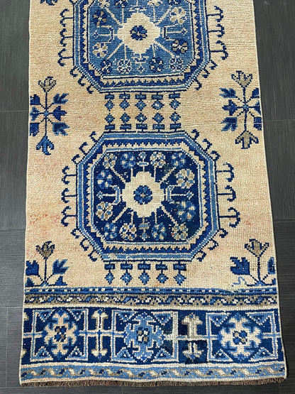 Blue and Blue Vintage Runner Rug Vintage Oushak Runner Rug 2.7 x 12  Hallway Runner Rug Turkish Kitchen Runner Antique Oriental Runner Rug