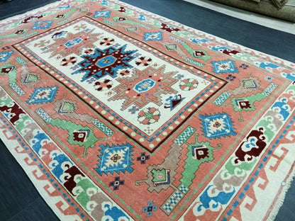 Vintage Runner Rug 6.3 x 10 Blue and Pink Rug Turkish Kitchen Rug Wool Entryway Rug Persian Livingroom Rug Oushak Rug Navy Oriental Rug