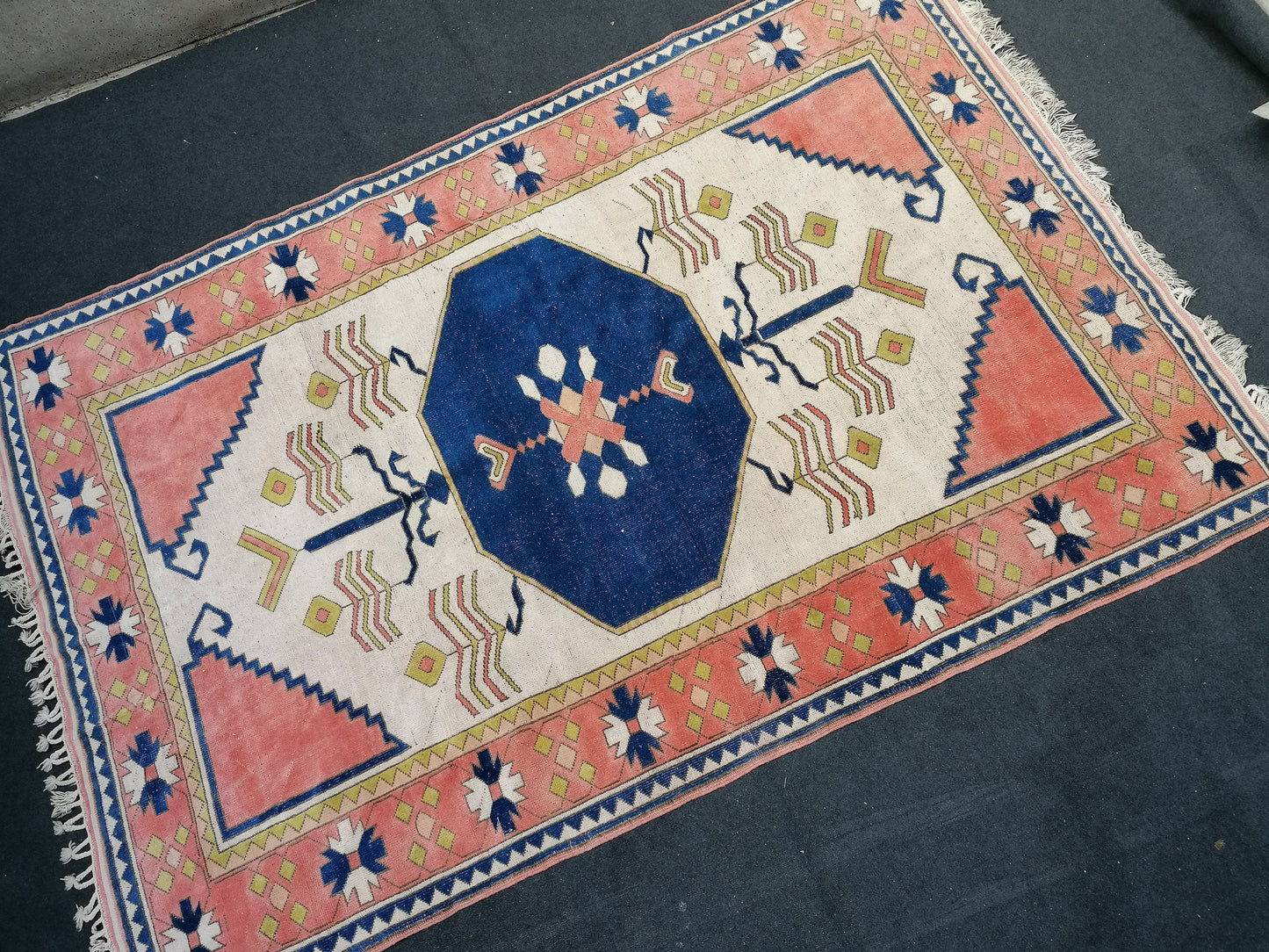 7'2x11 oushak wool rug, large turkish blue rug, vintage hand made rug, living room rug kitchen rug, vintage bohemian rug