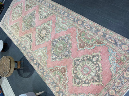 Vintage Runner rug, Persian 5 x 12.6  Runner RUG, TURKISH Runner, Pink Runner Rug, Turkish Oushak Rug, Wool Runner Rugs, Handmade Runner