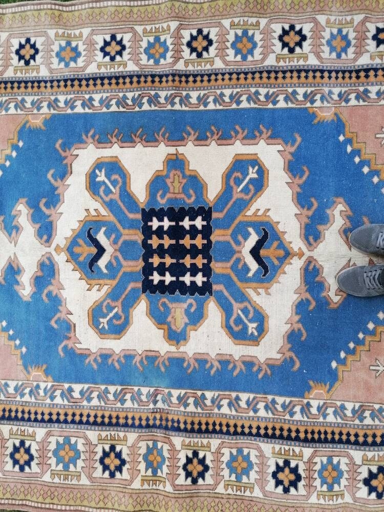 Turkish oushak wool rug 6'8x9'6 large blue rug, vintage handmade rug bohemian rug living room rug