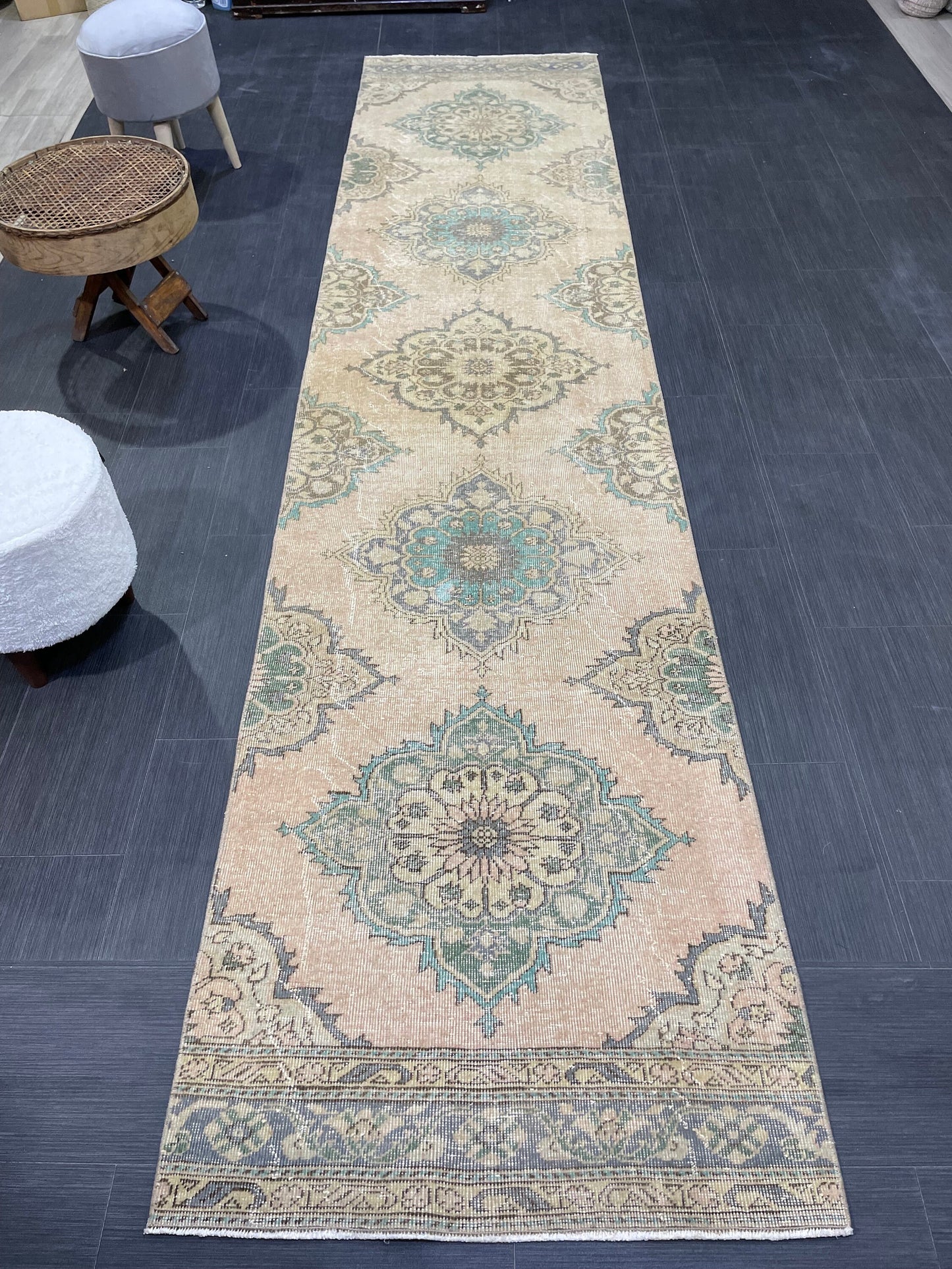 Distressed VINTAGE Rugs, Handmade Runner Rug, Oushak 2.9 x 12.2 Rug, Rustic Runner Rug, Antique Rug, Turkish Rug, Farmhouse Rug, Wool rug