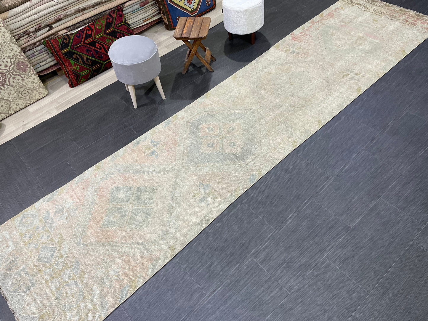 Muted Oushak Runner Rug 3 x 12.5 Vintage Turkish Runner Rug Vintage Runner Rug Hallway Runner Rug Kitchen Runner Rug Wool Runner Rug