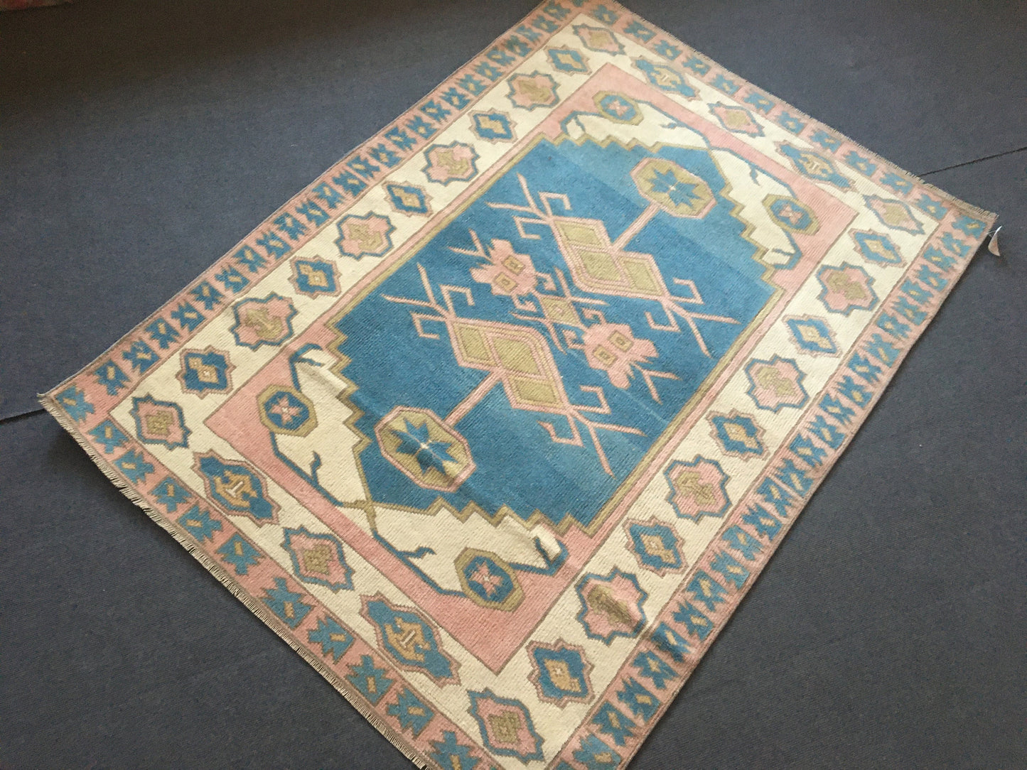 4x6 feet handmade living room area rug, large bedroom floor rug, turkish bathroom rug, hallway big rug, blue wool muted rug, bohemian rugs