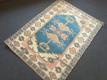 4x6 feet handmade living room area rug, large bedroom floor rug, turkish bathroom rug, hallway big rug, blue wool muted rug, bohemian rugs