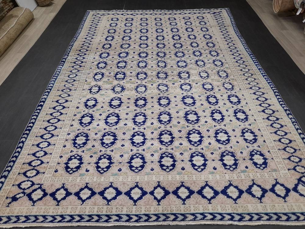 Vintage Turkish Rug, Vintage Navy 6.8 x 10 Rug, Oriental Rugs, Wool Rug, High Pile Vintage Rug, Hand Made Rug Persian Rug 7x10 rug
