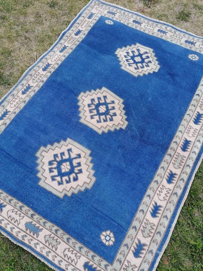 Turkish blue rug, vintage wool rug, oushak vintage rug,kitchen rug, 4x5'6 vintage anatolian rug,unique hand made bohemian