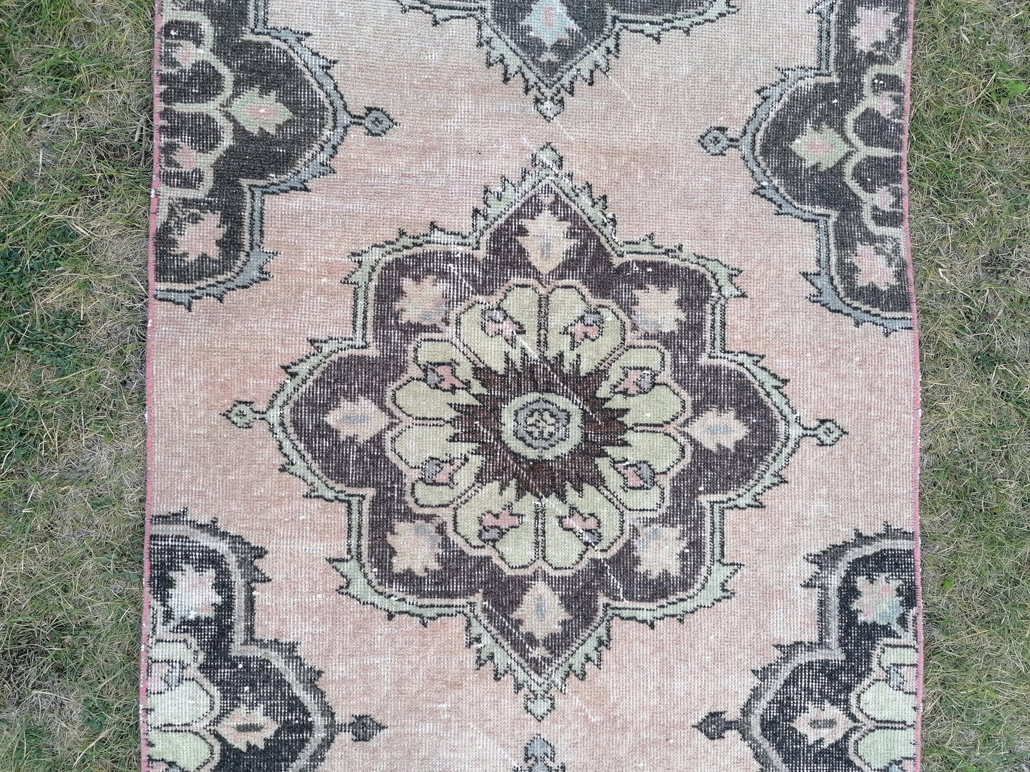 2'8x11'10 oushak turkish runner rug, vintage green runner rug, vintage wool runne, vintage hand made rug , kitchen runner rug,