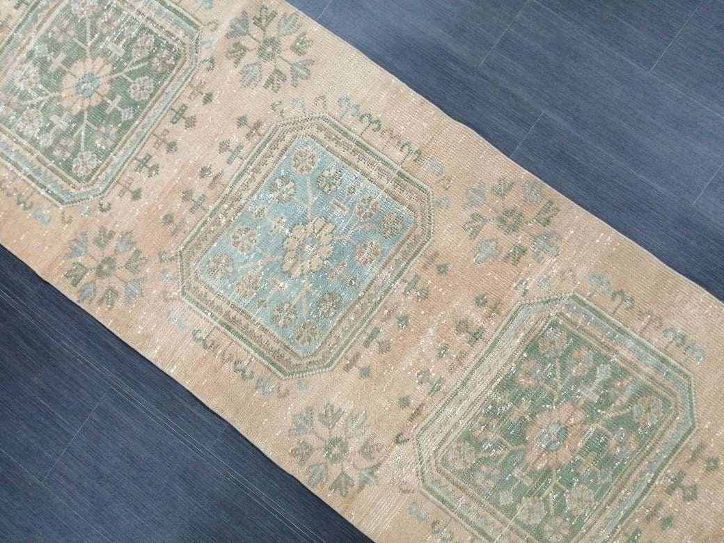 VINTAGE RUNNER Rug, Muted 2.5 x 11.4 Vintage Turkish Runner Rug, Oushak Runner Rug, Hand woven Rug, Oriental runner Rug