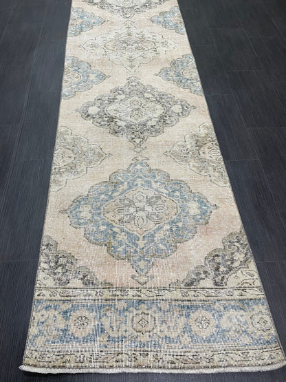 Muted Runner Rug 2.6 x 12.4 ft Turkish Runner Rug Vintage Runner Rug Hallway Runner Rug Faded Kitchen Runner Rug Wool Runner Rug Handmade