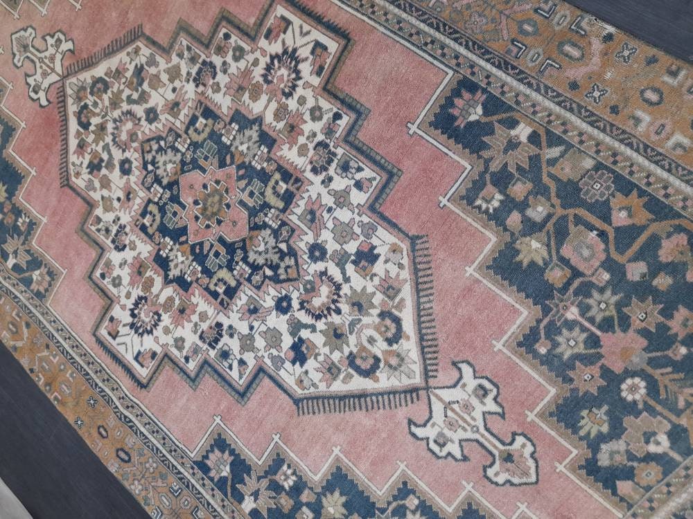 Blue and Pink OUSHAK RUG 6 x 11 TURKISH Rug Vintage Oriental Rug Vintage Persian Rug Wool Oushak Rug Hand Made Rug Vintage Turkish Rug