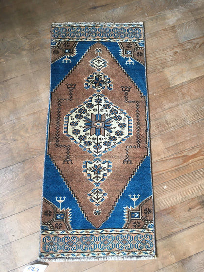 1.3x3 feet handmade turkish mini rug, vintage brown wool kitchen floor mini rug, small handmade blue laundry rug, small bath mat, mini rug