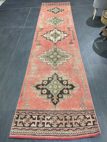 Vintage Runner Rug, Handmade 2.6 x 11 Runner Rug, Hand Knotted Runner Rug, Hallway Runner Rug, Kitchen Runner Rug Wool Runner