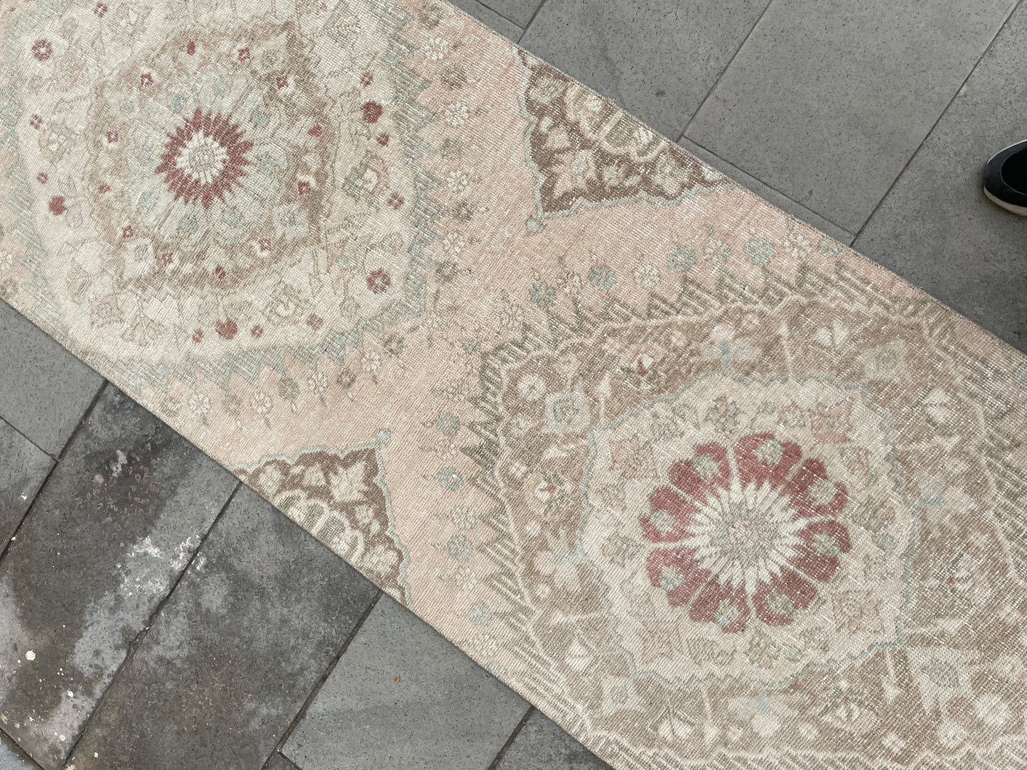 Muted Vintage Runner Rug, Turkish Runner 2.8 x 12.5 Rug, Handmade Runner Hallway Runner Soft Pink Kitchen Runner Rug Wool Runner Oushak Rug