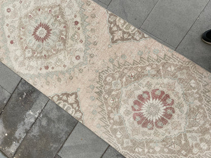 Muted Vintage Runner Rug, Turkish Runner 2.8 x 12.5 Rug, Handmade Runner Hallway Runner Soft Pink Kitchen Runner Rug Wool Runner Oushak Rug