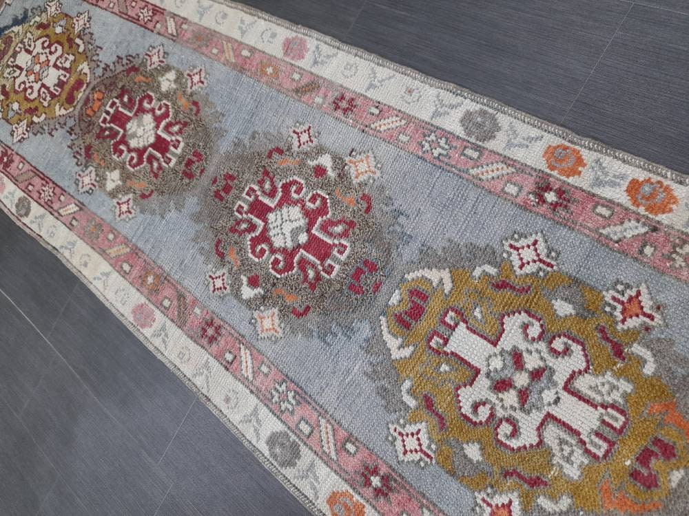 Vintage Oushak Runner Rug 2.6 x 10 Turkish Runner Rug Vintage Oriental Muted Runner Rug Runner Rug Soft Wool Runner Blue Vintage Runner Rug