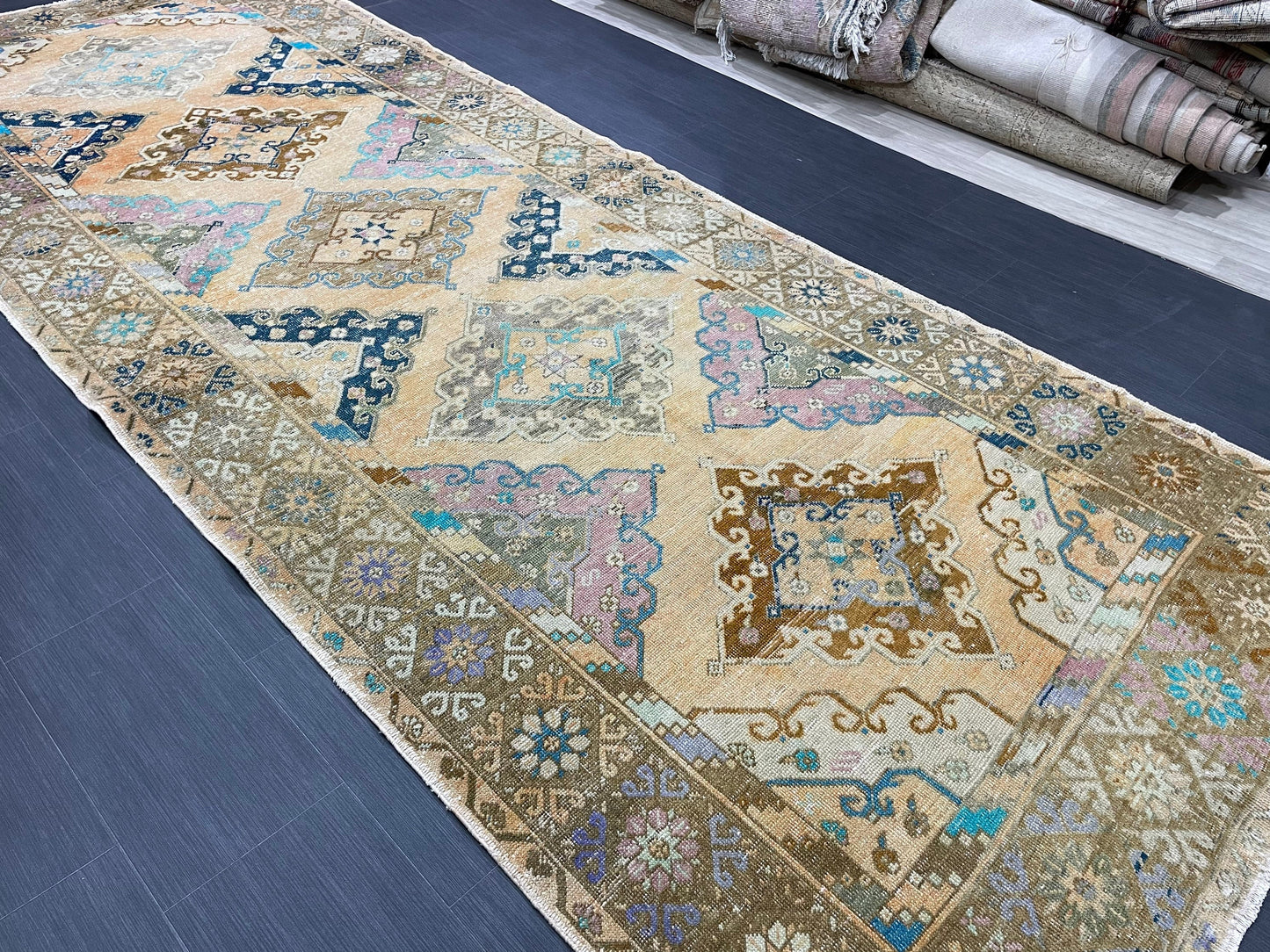 Vintage Hand Knotted Vintage 5 x 13.2 Runner Oushak Runner Rug Turkish Runner Rug Vintage Runner Rug Star Kitchen Runner Natural Wool Runner