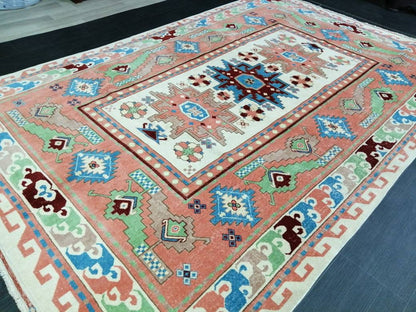 Vintage Runner Rug 6.3 x 10 Blue and Pink Rug Turkish Kitchen Rug Wool Entryway Rug Persian Livingroom Rug Oushak Rug Navy Oriental Rug