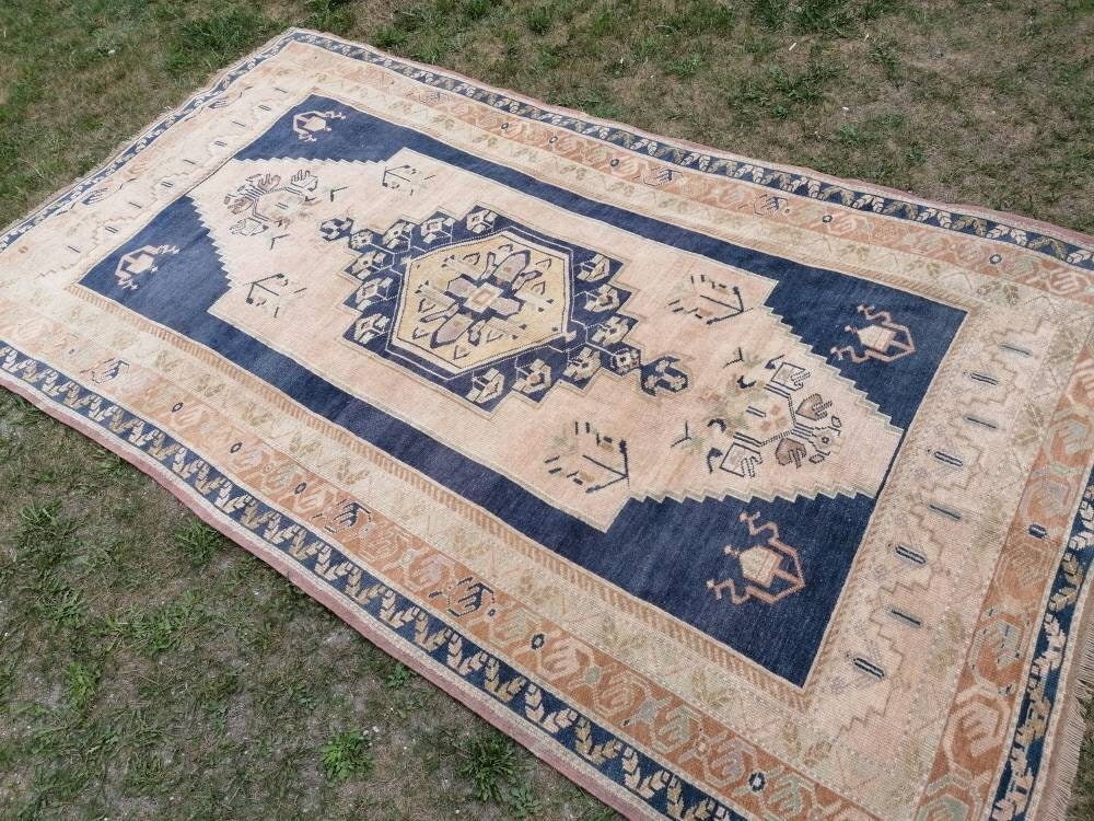 5'6x10 blue vintage rug, oushak wool rug , large anatolian rug,unique hand made