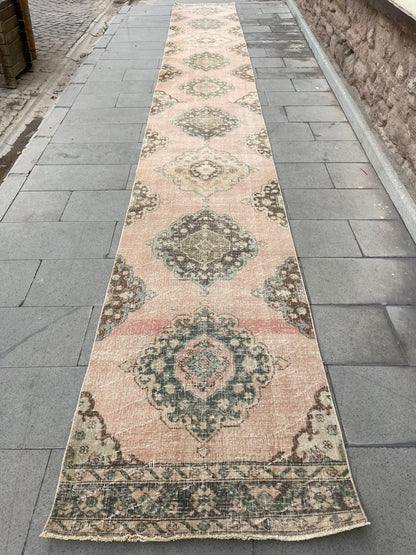 Handmade Extra Long Turkish 2.8 x 21.8 Runner, Very Long Oushak Runner Rug, Vintage Runner Rug, Pink XL Stairs Runner Rug Staircase Runner