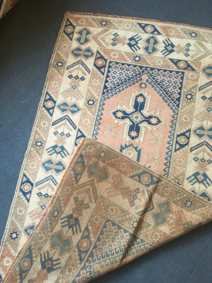 3.7x6.2 ft muted anatolian bedroom rug, vintage kitchen green floor rug, handmade wool blue turkish living room area rug, bathroom wide rug